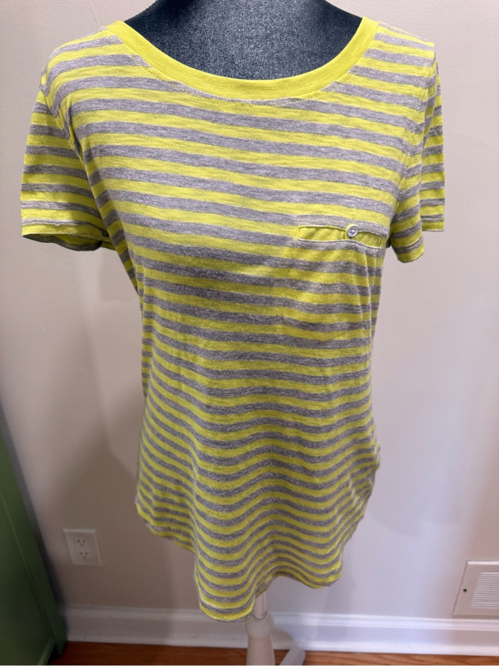 SO Yellow and Gray Striped Tee with Navy Logo Print